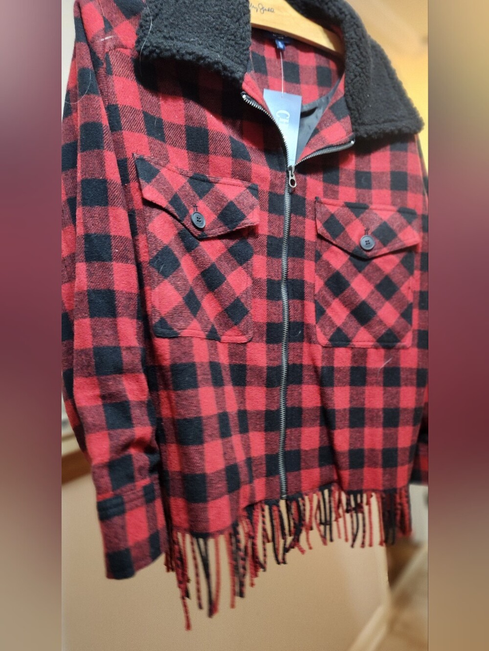 NWT CHAPS Red and Black Plaid Jacket With FRINGE/Sherpa Coller - Picture 8 of 9